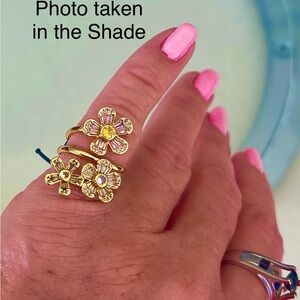 Kate Spade RP $129 Fleurette Ring Cubic Zirconia 3 flowers double gold band NWT